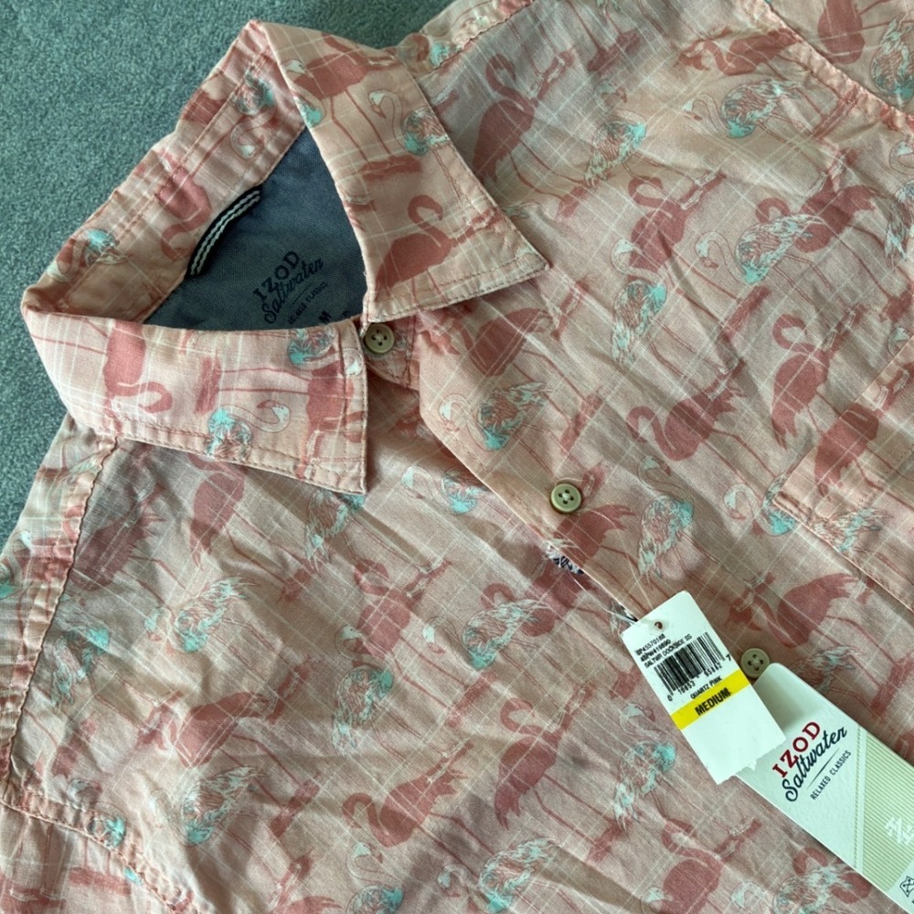 IZOD Saltwater Mens Quartz Pink Flamingo Print Short Sleeve Button Down Shirt M